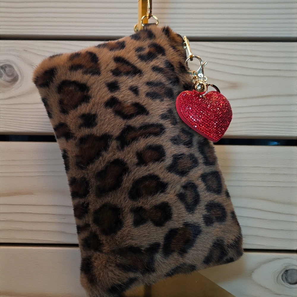 Faux Leopard Print Clutch Bag by Jane and Berry & Red Heart Charm Keychain NWT